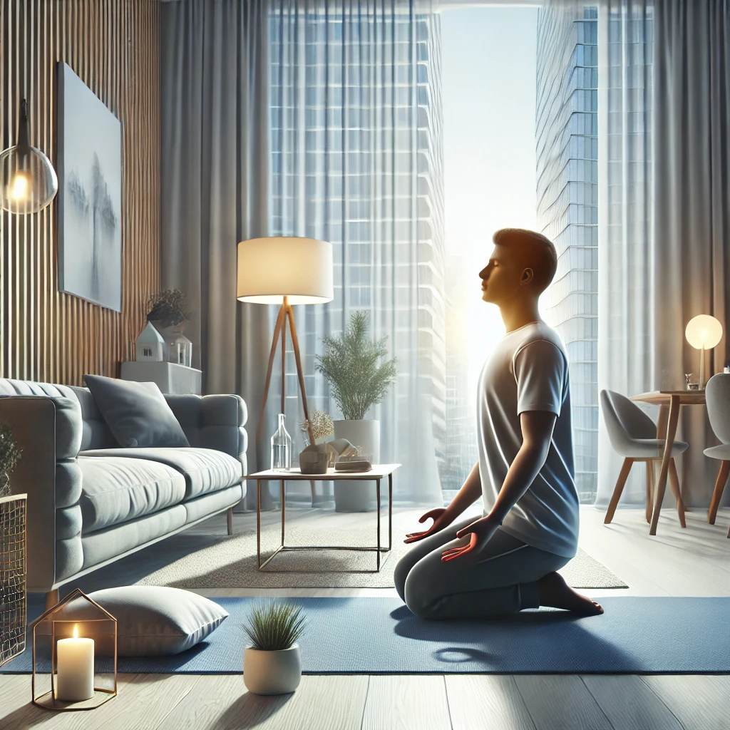 DALL·E 2024 10 15 18.13.36 A Realistic Illustration Of A Person Practicing Deep Breathing Exercises To Manage Anxiety And Stress In A Modern Living Room Setting With Soft Light