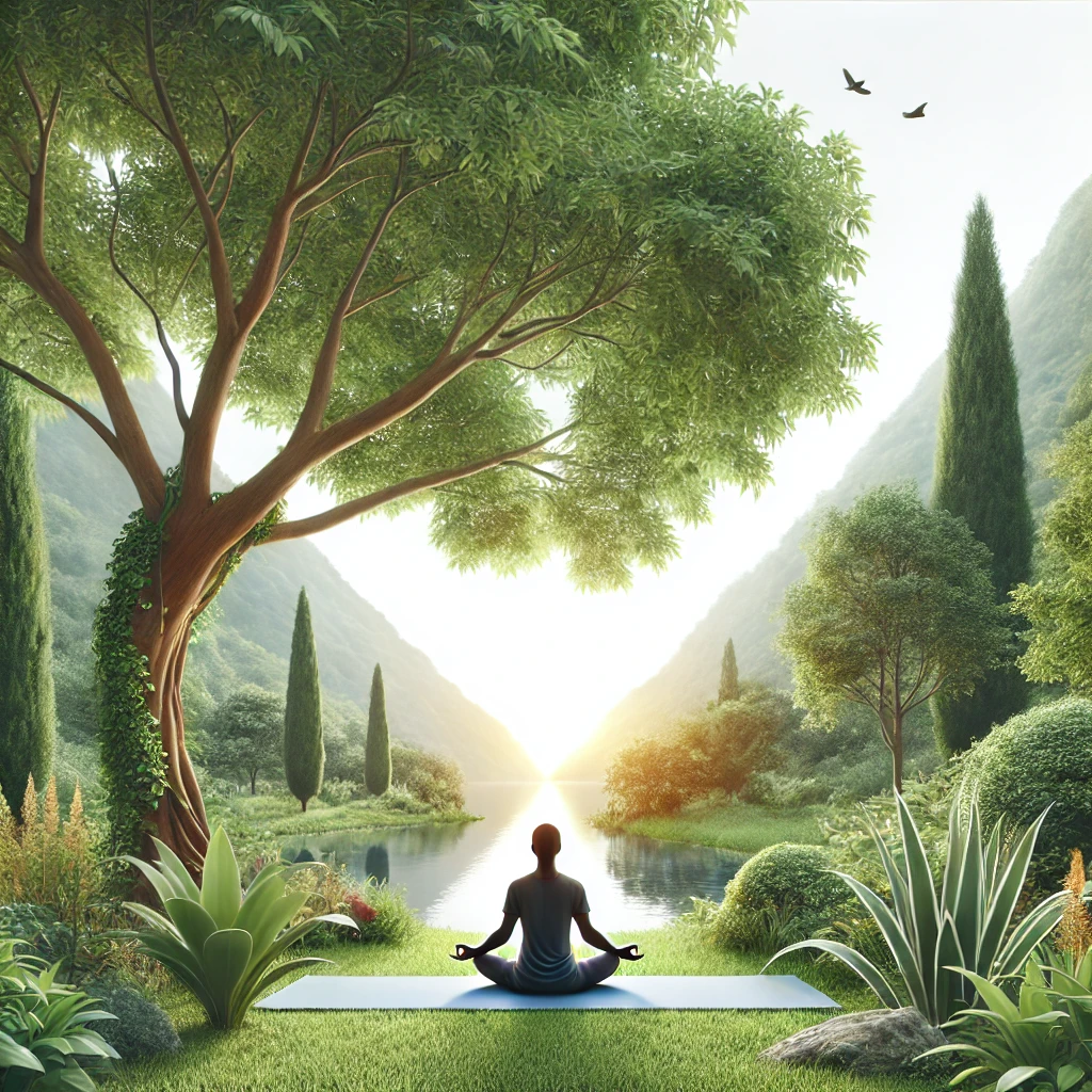 DALL·E 2024 10 15 18.13.39 A Realistic Illustration Of A Person Practicing Yoga In A Peaceful Natural Outdoor Setting. The Person Is In A Relaxed Posture Surrounded By Greener