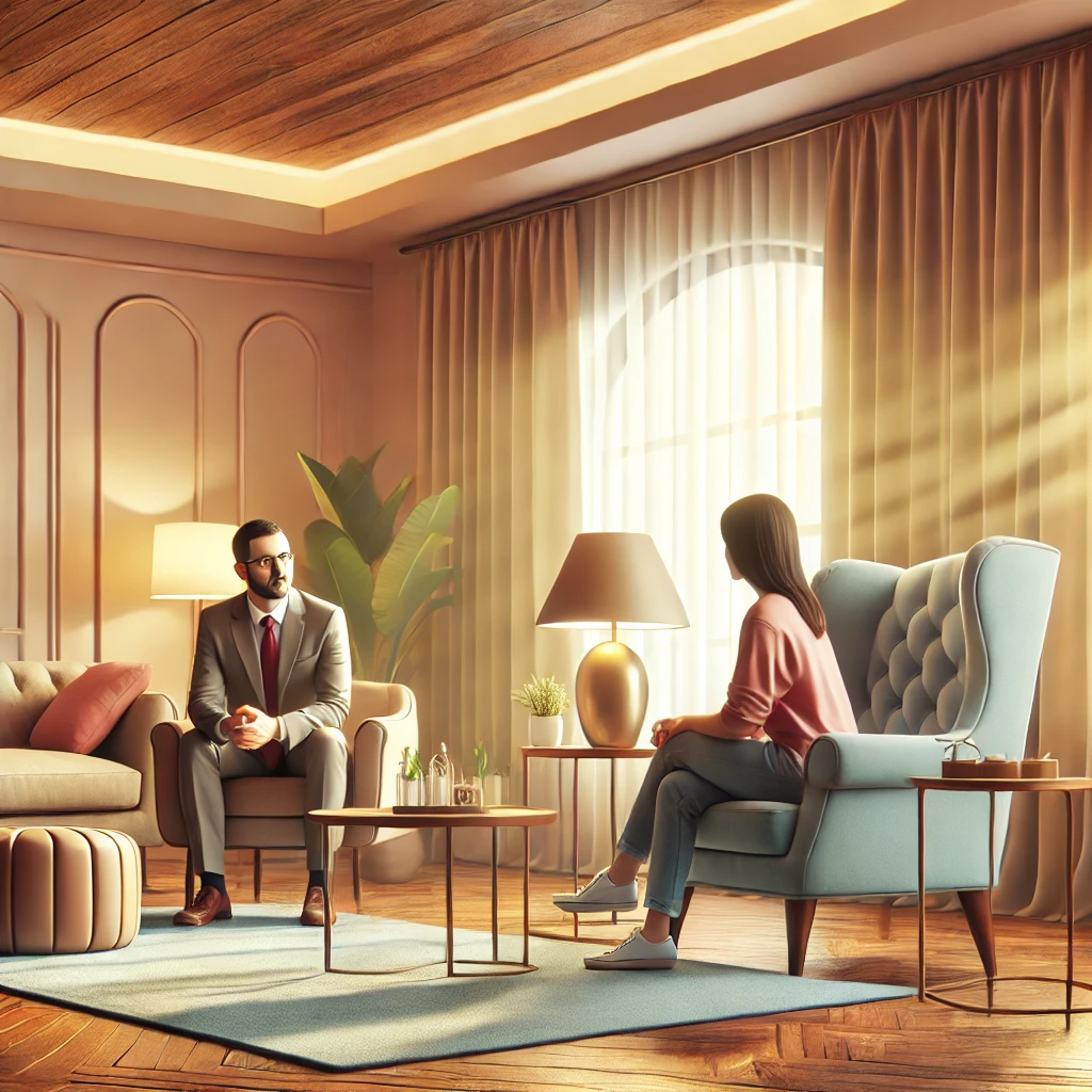 DALL·E 2024 10 15 18.13.48 A Realistic Illustration Of A Person Talking To A Mental Health Professional In A Comfortable Therapy Room Setting. The Room Has Soft Colors Warm Lig
