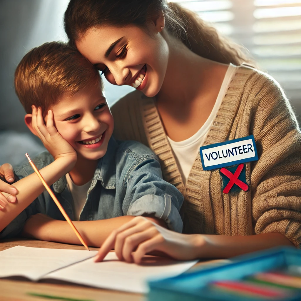 DALL·E 2024 08 01 00.13.51 A Volunteer Helping A Child With Homework Or A Creative Activity. The Image Shows The Connection And Joy Between The Volunteer And The Child Highligh