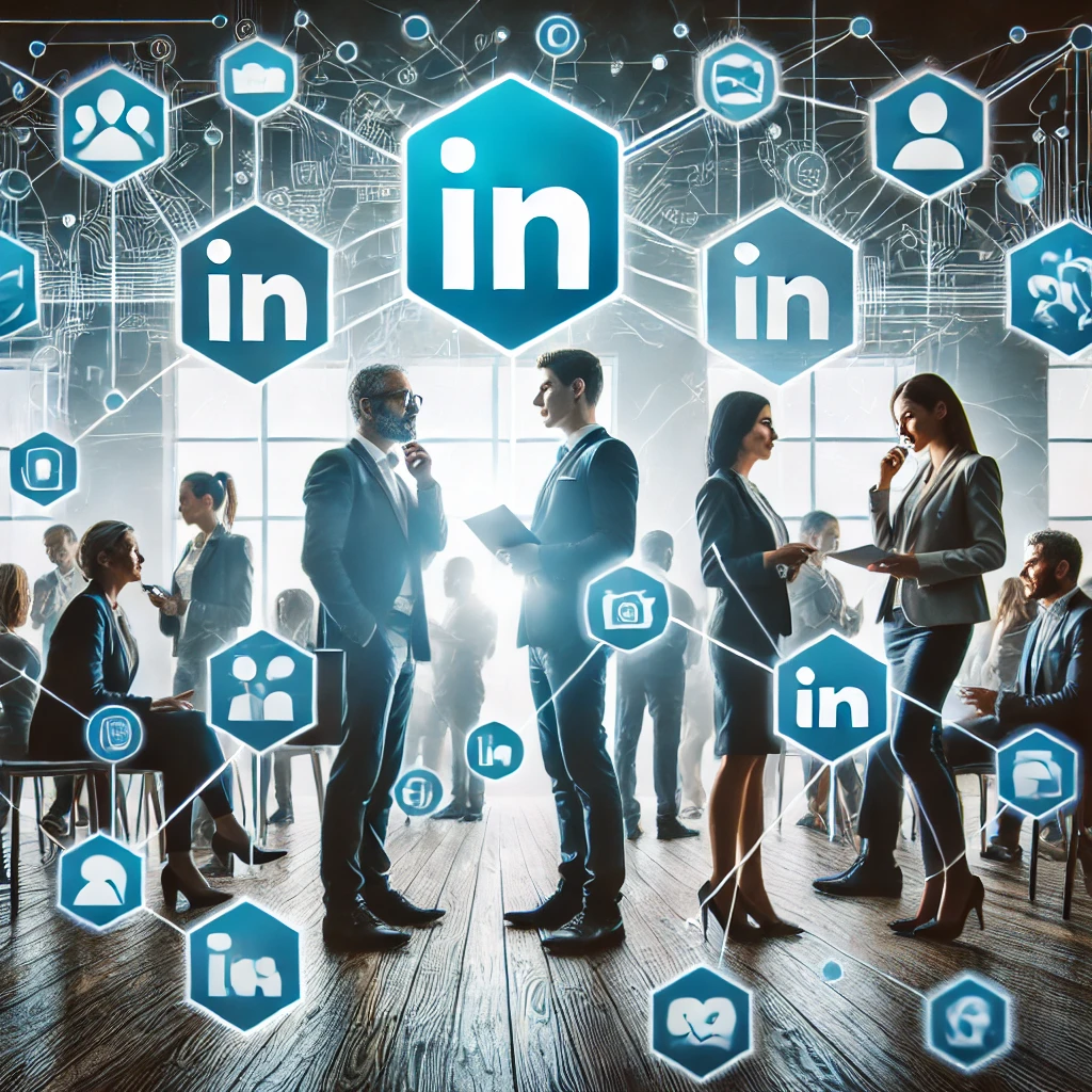 DALL·E 2024 09 24 00.11.36 A Group Of People Attending A Networking Event With Some Engaged In Conversation And Exchanging Business Cards. The Background Highlights Icons Of So