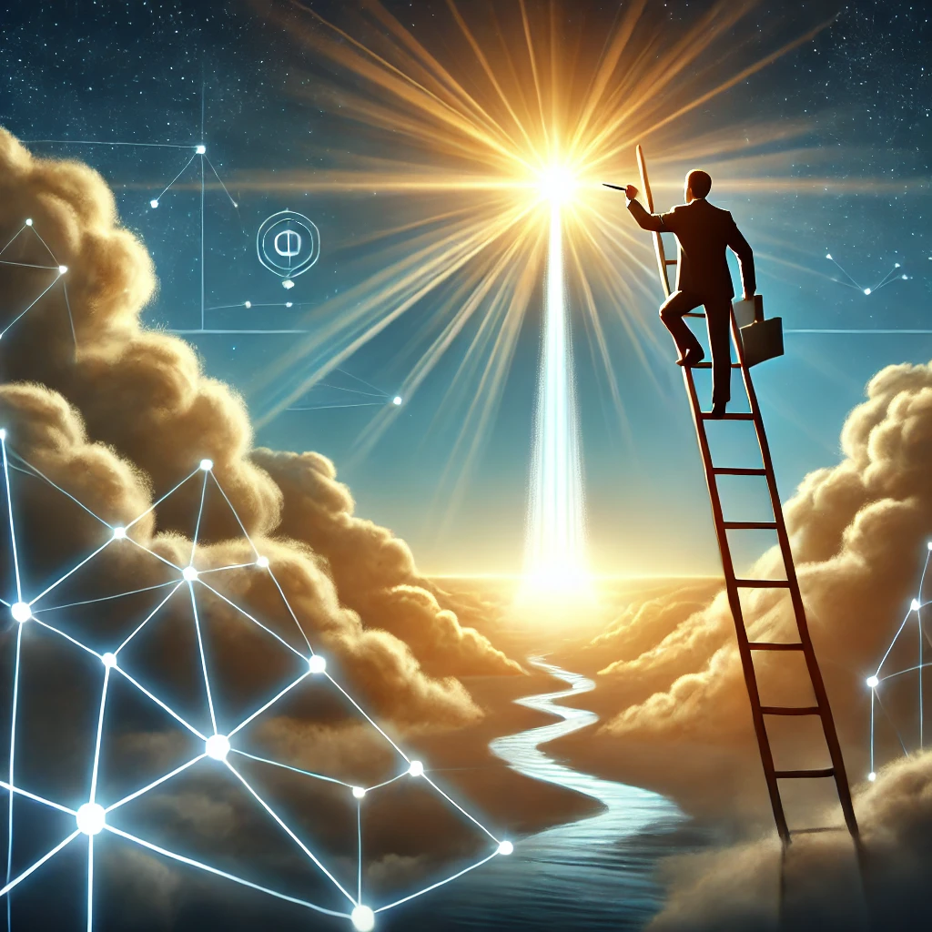 DALL·E 2024 09 24 00.15.28 A Person Climbing A Ladder Towards A Glowing Beacon At The Top Symbolizing A Positive Mindset And Self Improvement. The Background Shows Clouds Parti