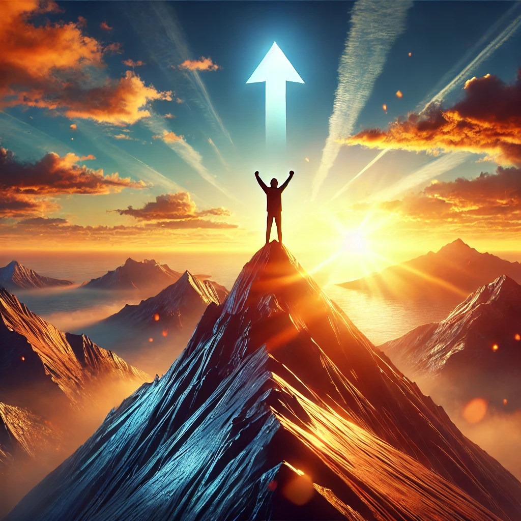 DALL·E 2024 09 24 00.22.54 A Person Standing On Top Of A Mountain With Arms Raised In Victory Symbolizing Success And Motivation. The Scene Is Set At Sunrise Representing New