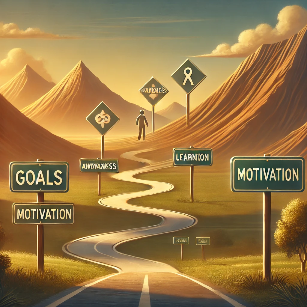 DALL·E 2024 09 24 00.22.57 A Symbolic Image Of A Winding Path Through A Valley With Mountains In The Background. Along The Path There Are Road Signs That Represent Different S