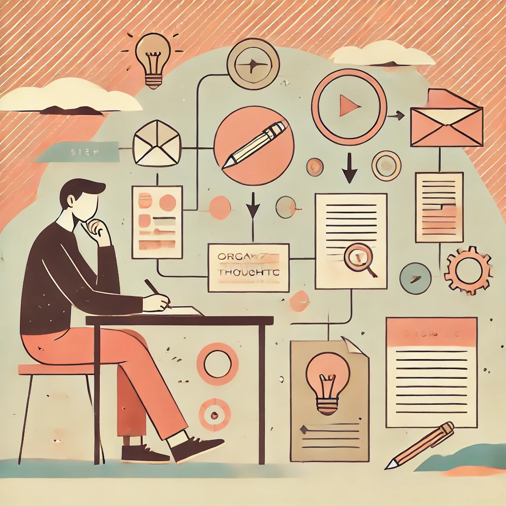 DALL·E 2024 10 07 00.08.33 A Person Sitting At A Desk Surrounded By Papers And Notes With Diagrams And Bullet Points Clearly Visible. The Image Conveys The Concept Of Organizin