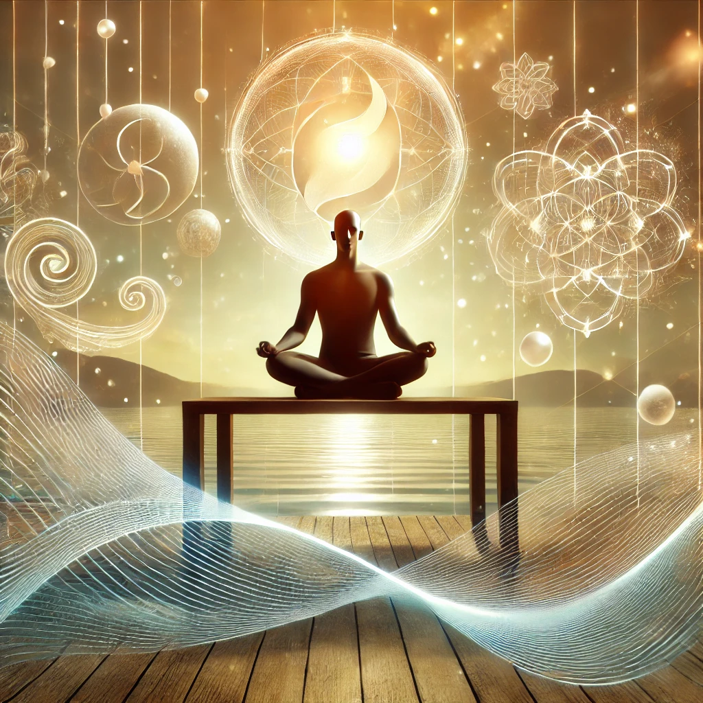 DALL·E 2024 08 17 15.18.01 An Image Of A Person Meditating Or Practicing Deep Breathing Techniques Surrounded By Symbols Of Well Being And Tranquility Such As Calm Waves Or Sof