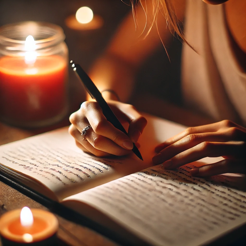 DALL·E 2024 09 04 00.07.45 A Close Up View Of A Person Writing In A Journal By Candlelight. The Journal Is Open And The Person Is Writing A Reflection On Their Day. The Warm Gl