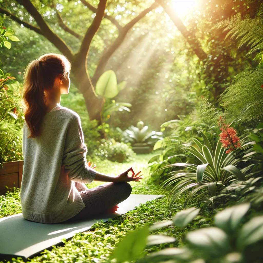 DALL·E 2024 11 21 23.10.41 A Peaceful Natural Scene With A Person Meditating Outdoors Surrounded By Greenery And Soft Sunlight. They Are Seated On A Yoga Mat Eyes Closed Focu