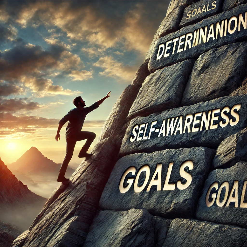 DALL·E 2025 02 23 20.39.17 A Determined Individual Climbing A Rocky Mountain With Words Like Determination Self Awareness And Goals Carved Into The Rock. The Person Is