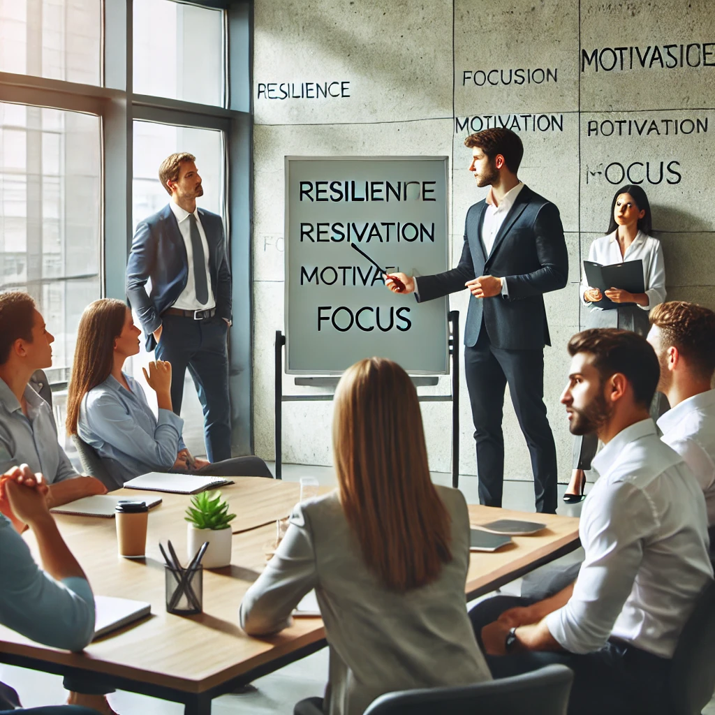 DALL·E 2025 02 23 20.39.22 A Corporate Office Setting Where A Mental Coach Is Conducting A Workshop For Employees. The Coach Is Standing In Front Of A Group Using A Whiteboard