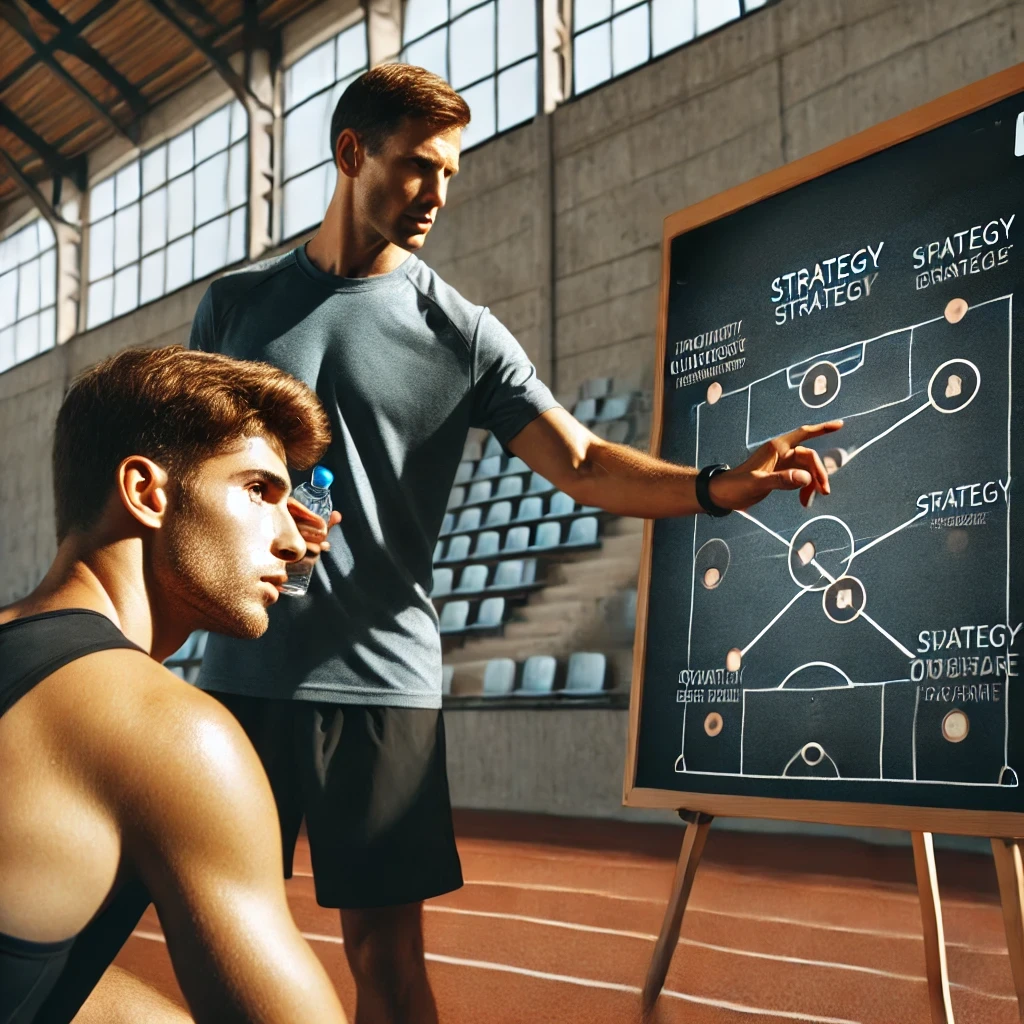 Il Mental Coach Ispiratore - I 5 Fondamenti Per Iniziare Il Tuo Viaggio Di Crescita Mentale DALL·E 2025 02 23 22.04.29 A Mental Coach Guiding An Athlete In A Sports Stadium. The Coach Is Pointing At A Strategy Board While The Athlete Listens Attentively. The Setting Is